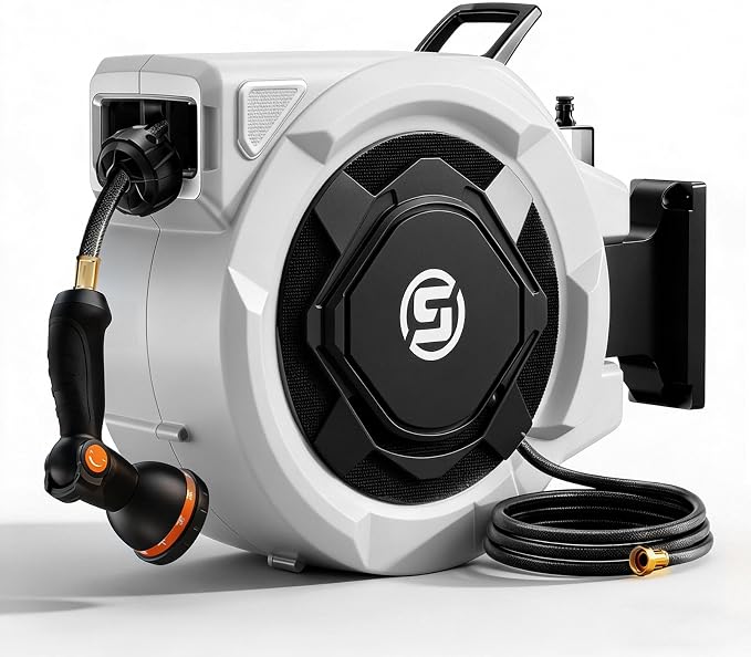 SUNPOW Retractable Garden Hose Reel - 1/2" x 100ft Wall Mounted Hose Reel with 3/4'' Brass Fitting & 10-Pattern Nozzle - Auto Slow Retraction, Any-Length Lock, 180°Swivel for Lawn & Gardening
