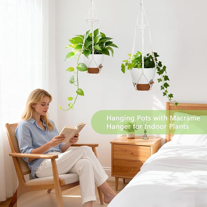 Hanging Planters for Indoor Plants: 2 Pack Macrame Plant Hangers with Grow Lights and Self-Watering Pots, Large Hanging Pots with Drainage Holes & Removable Tray（10in White Pot, GrowPro Spectrum）