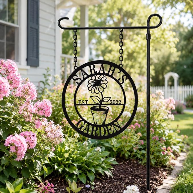 Personalized Garden Sign, Custom Hanging Metal Garden Decor for Outside, Personalized Garden Name Sign with Hook, Outdoor Yard Patio Decor, Gifts for Gardeners, Mom, Grandma, Housewarming