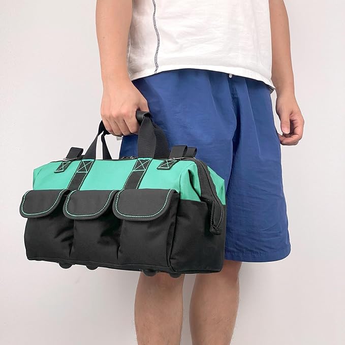 16-inch tool box Non-slip feet adjustable shoulder strap 14 functional insert pockets,large capacity Men's heavy-duty toolbox,for electricians, carpentry,gardening (Cyan Blue)