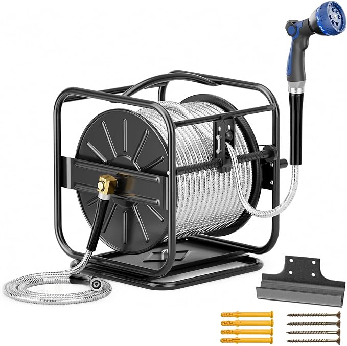 SPECILITE Heavy Duty Hose Reel with 100Ft 3/4" 304 Stainless Steel Garden Hoses, Upgraded Guide System, 360 Swivel Base, Wall Mount/Floor Water Pipe Spool for Outside, Yard, Lawn