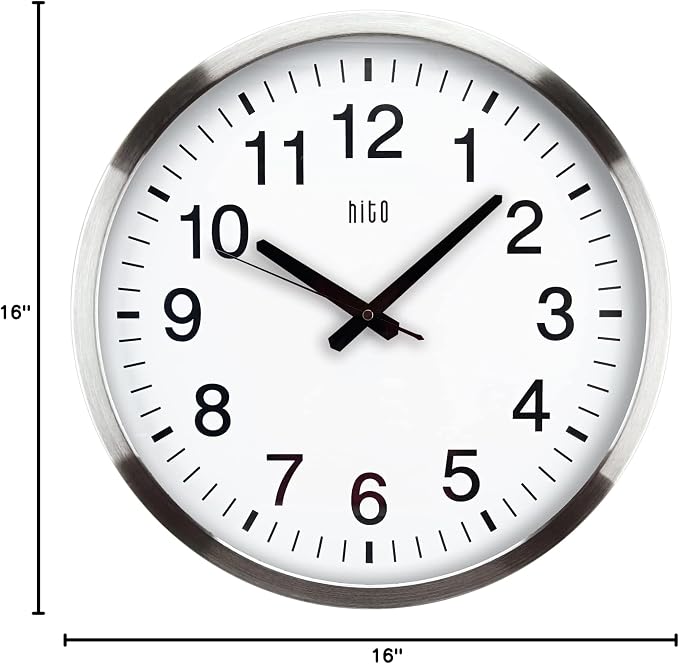 HITO 16" Silent Wall Clock Battery Operated Non Ticking Sweep Movement Glass Cover Silver Aluminum Frame, for Kitchen, Bedroom, Home Office, Living Room Decor