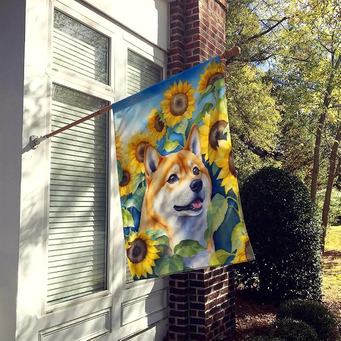 Caroline's Treasures DAC6161CHF Shiba Inu in Sunflowers House Flag Large Porch Sleeve Pole Decorative Outside Yard Banner Artwork Wall Hanging, Polyester, House Size, Multicolor