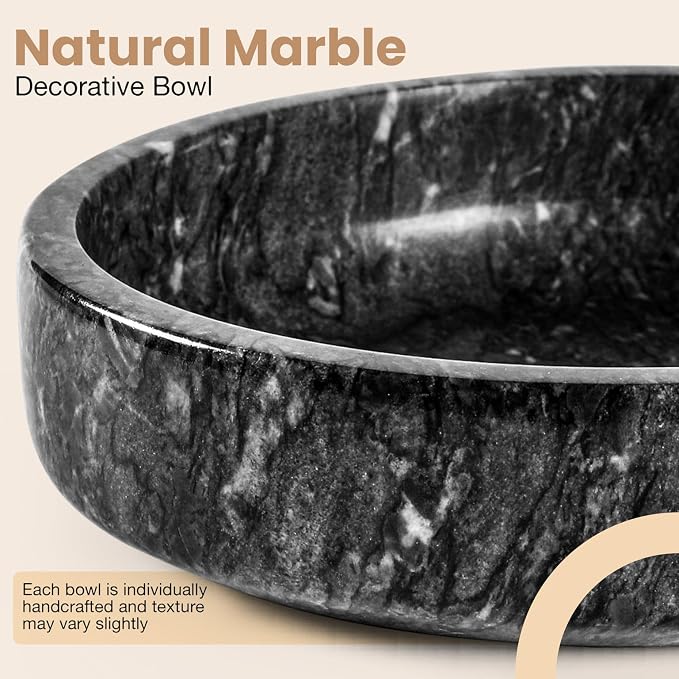 FNTSTICGOODS Marble Decorative Bowl - 7.5" Natural Black Solid Marble Centerpiece - Handmade Stone Fruit Bowl - Catch-All or Key Bowl for Kitchen - Modern Minimalist Decor