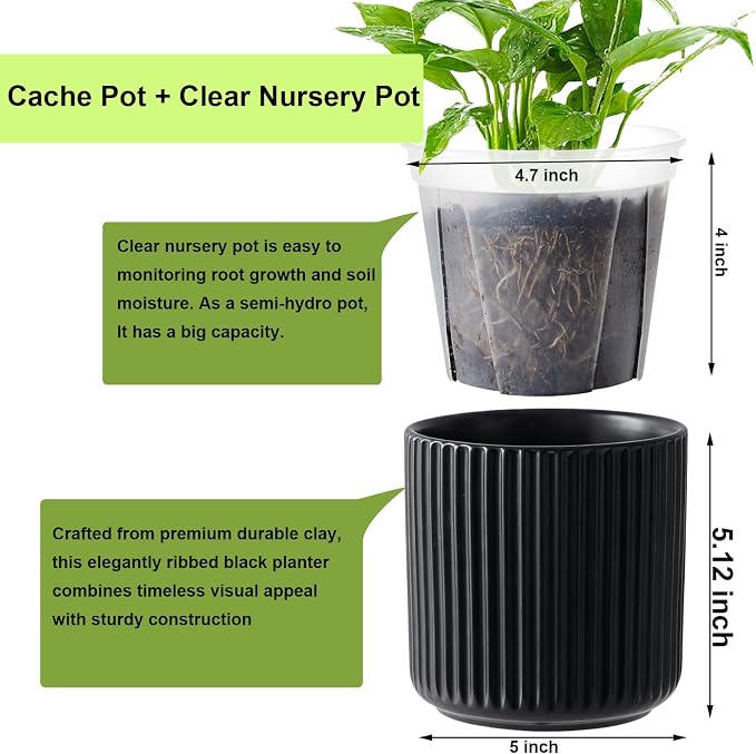 Set of 2 self Watering Ceramic pots for Indoor Plants with 5 inch Clear Inner Pot (Black, 5 inch)