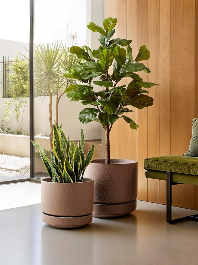 LE TAUCI 12 Inch Pots for Plants with Saucer | Ceramic Outdoor & Indoor Planter Pot for Plants | Drainage Hole, Mesh Pad | Unglazed Porous | Modern for Home, Office and Patio – Terracotta Color