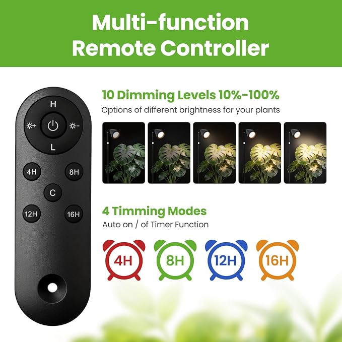 Grow Lights Indoor Plants, 20W Full Spectrum, 63in Adjustable Height Stand | 4/8/12/16H Auto Cycle Timer, 10 Levels Dimmable Remote Control Standing Grow Floor Lamp for Small, Medium to Tall Plants