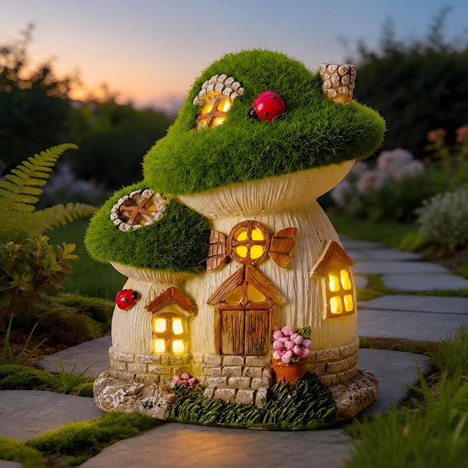 Mushroom Fairy Garden House, Solar Fairy House for Outside Decor, Outdoor Yard Garden Statues for Lawn, Balcony Patio, Outdoor Figurine Lights Gifts for Mom Women