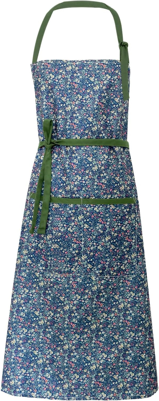 Women's Vintage Floral Kitchen Apron for Cooking & Gardening | Adjustable Neck Straps & Large Pockets, Cute Pinafore for Baking Tea Time, Practical Hostess Gift(Navy1)