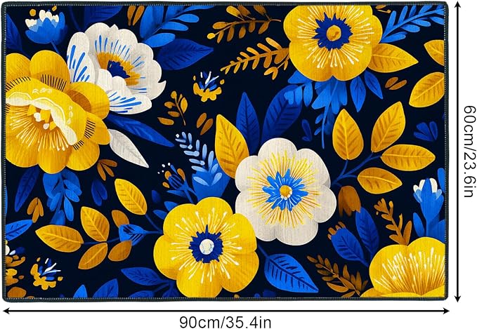 Navy Blue Yellow Floral 2x3 Entry Rug,Washable Small Rugs for Entryway Kitchen Bathroom Door Mat Indoor Entrance,Non Slip Rubber Backing, Stain & Fade Resistant, Vibrant Boho Decor