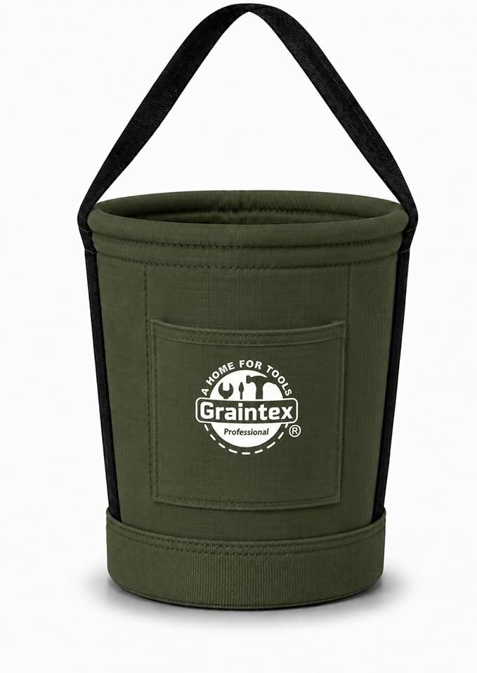 Graintex Tapered Canvas Bucket 12"x10"x15", Utility Tool Bucket One Inside Pocket, Reinforced Base & Carry Handle, Ripstop Canvas - Hunter Green