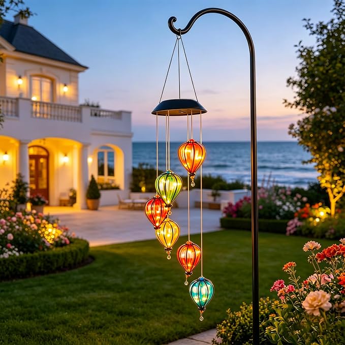 Solar Wind Chimes for Outside, Hot Air Balloon Solar Lights Outdoor Colorful Hanging Decor with 30 Warm White LEDs, Auto On/Off Light Sensing Waterproof Garden Gifts for Mom Grandma Women