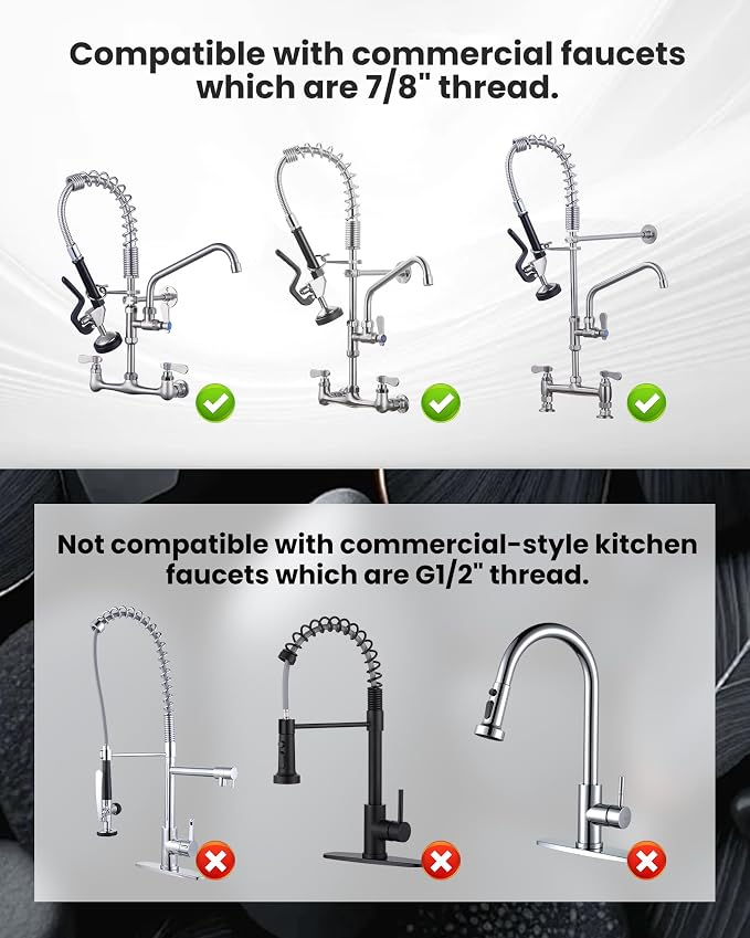 Pre Rinse Spray Valve with 18.5" Flexible Stainless Steel Hose, 1.42 GPM High Pressure Commercial Sink Sprayer Nozzle with Pre-rinse Sprayer Hose, Black 7/8"-20UNEF Handle Assembly