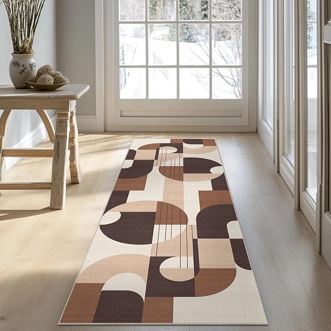 2x6 Brown Geometric Runner Rug for Kitchen Entryway Hallway Modern Abstract Area Rug Machine Washable Non-Slip Carpet for Bedroom Bathroom Bedside
