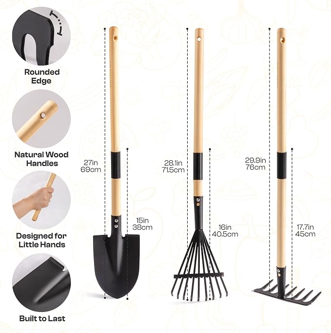 ROBUD Kids Gardening Tools Outdoor Toys Set Backyard Play with Kids Wheelbarrow-9pcs Metal Toddler Wheelbarrow, Garden Tools, Watering Can, Plant Labels for Ages 3+ (Grayish White)