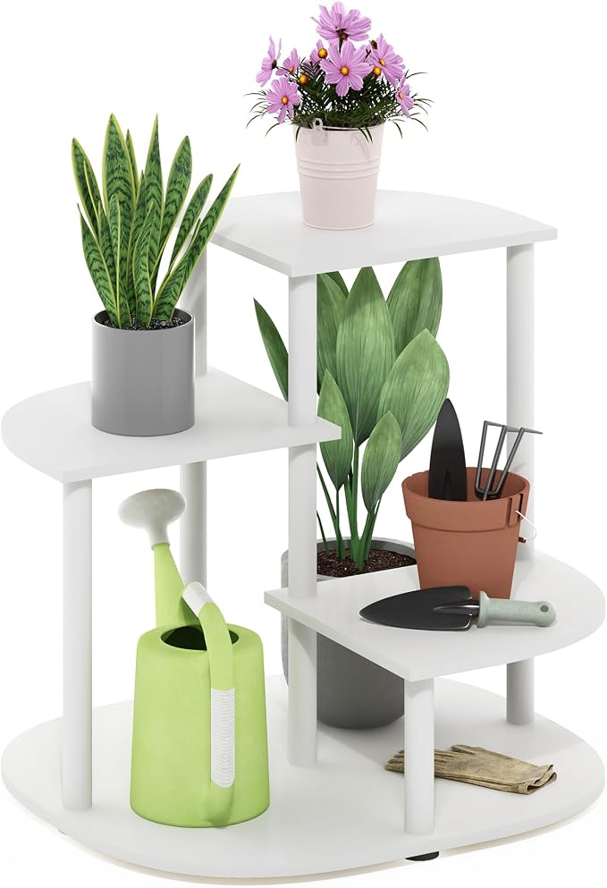 Furinno CELUKA Plant Stand Indoor, 3-Tier Tall Plant Stand, Corner Tiered Plant Shelf Outdoor, Indoor, for Patio, Garden, Balcony, Living Room, White