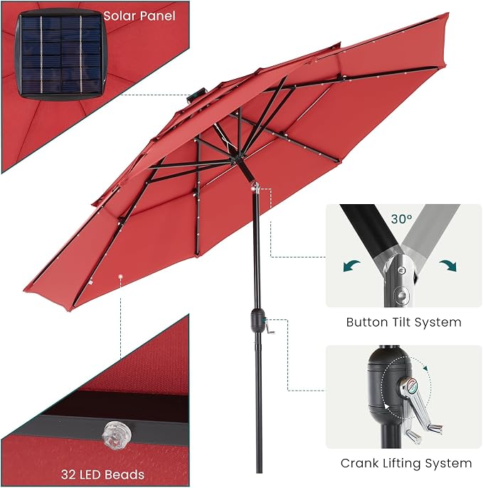 DUMOS Outdoor Solar Patio Umbrella 3 Tiers with 32 LED Lights, Beach Market Table Umbrella with Crank and 8 Sturdy Ribs for Pool, Terrace, Restaurant