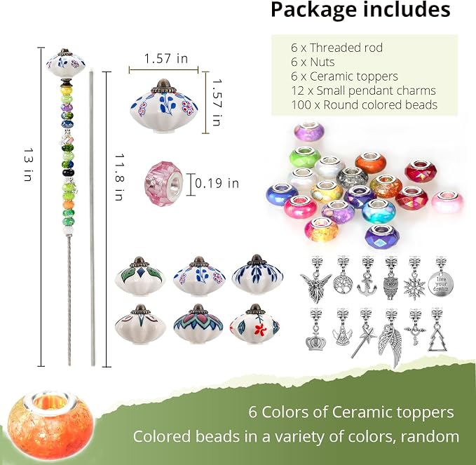 Decorative Garden Stakes DIY Fairy Wand Beaded Garden Plant Stakes Kit with Ceramic Stopper Tops Silver Pendant Threaded Rod,100 Colorful Beads for Indoor Outdoor Plant Flower Pot Décor