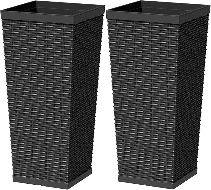 Greesum 23 Inch Tall Plastic Planters (Set of 2), Large Outdoor Flower Pots with Detachable Inner Pot & Drainage Holes for Plants, Trees, Patio, and Garden, Black