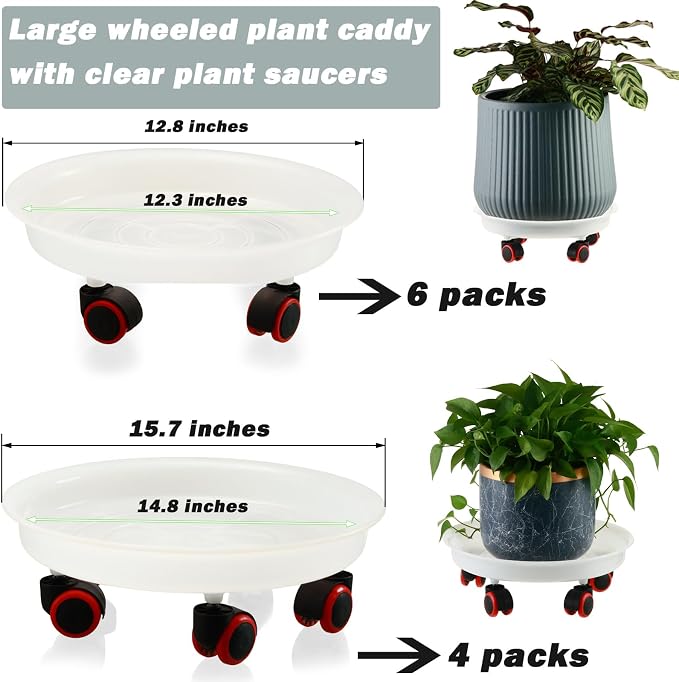 6 Packs 13 Inches Large Plant Caddy Plant Saucers on Wheels Rolling Plant Stands Heavy-Duty Plant Dolly Plastic Planter Roller Base Pot Movers Outdoor Plant Tray Coaster