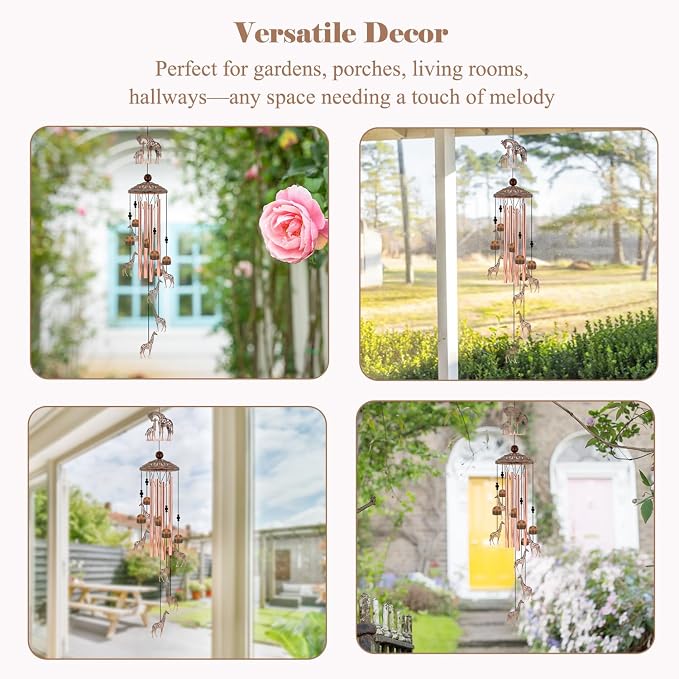 35" Giraffe Wind Chimes for Outside, Rustic Copper Mother & Baby Giraffe Silhouette Decor with 6 Pendants - Elegant Safari Memorial Windchime - Heartwarming Gift for Mom & Animal Lovers