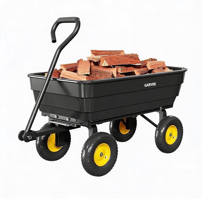 Garvee Poly Garden Dump Cart, Heavy Duty 600lbs Wheelbarrow Yard Cart Dump Wagon with 10”All Terrain Wheels, Garden Utility Wagon with Quick Release System& Convertible Handle Attach to ATV (Black) | Heavy Duty,10”All Terrain Wheels, Garden Utility Wag...