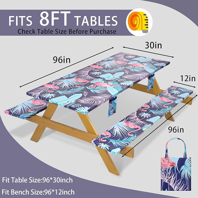 Fitted Waterproof Picnic Table Cover with Bench Covers Heavy Duty Elastic Outdoor Camping Tablecloth for 8 Foot Rectangle Tables Summer Rv Accessories Patio Garden Road Trip Essentials Gifts