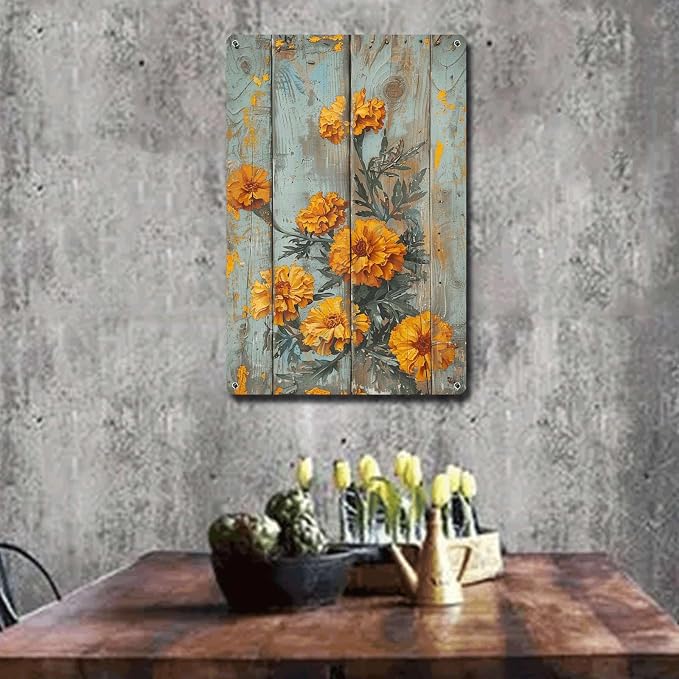Metal Sign Tin Sign Vintage Wall Art Antique Exuberance Marigolds Tin Sign for Shabby Chic Style Bright Petals Displays and Corrosion Home Decor for Club 12×16 Inches