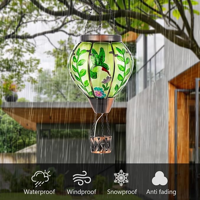 Hot Air Balloon Solar Lantern with Flame | Handmade Glass, Waterproof Outdoor Lantern, Decorative Outdoor Lantern for Patio, Garden, Porch, Green
