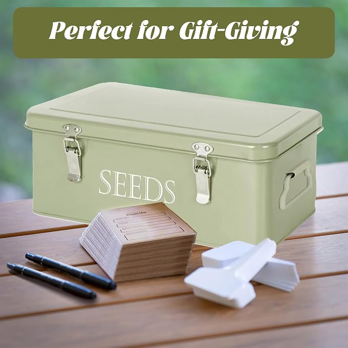 Ecopark Seed Storage Box, Professional All-in-one Kit with 2 Pens, 20 Plant Labels and 50 Seed Envelopes, Metal Storage Organizer, Saving Box, Seed Packet Container, Large, Green