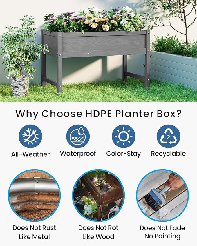 Weatherproof Raised Garden Bed, HDPE Outdoor Elevated Planter Box with Legs, Garden Box, Flower Beds for Patio, Deck, Balcony (Grey)