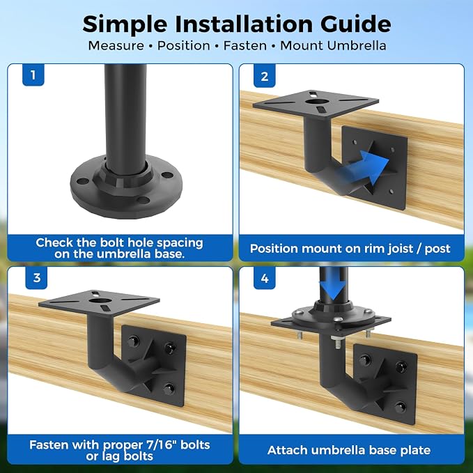333'S Heavy Duty Deck Mounted Cantilever Umbrella Bracket System | Steel Side Mount for Purple Leaf Umbrella, Fits 6x6 Post or Rim Joist Outdoor Shade Installation