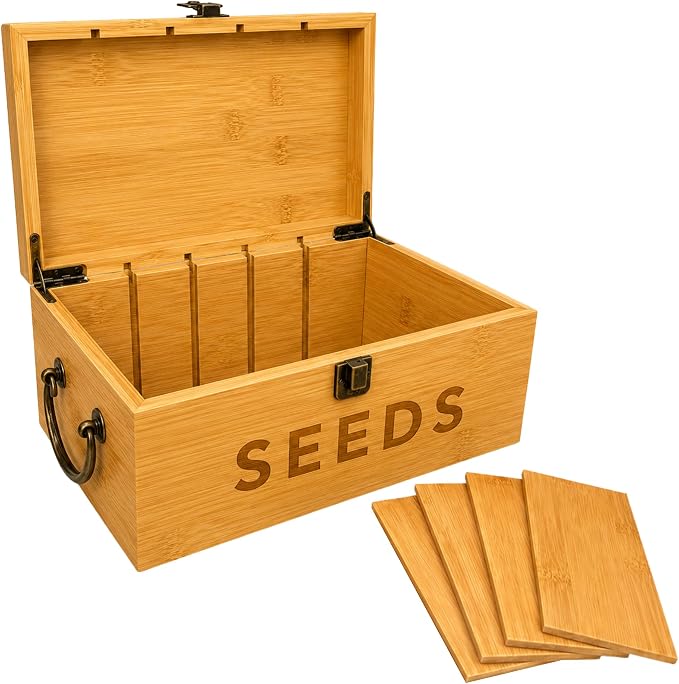 Bamboo Garden Seed Storage Organizer Box, Wooden Seed Box with Removable Dividers, Metal Handle and Latch, Seed Keeper Organizer for Garden Seed Packets and Storage (10.59 x 7 x 5.12 in)