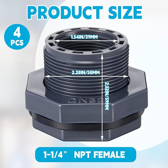 Bulkhead Fitting PVC Water Tank Connector Plumbing Pipe Threaded Bulkhead Fitting NPT for Rain Barrels, Water Tanks, Aquariums, Tubs, Pools (4 Pcs,1-1/4 Inch)