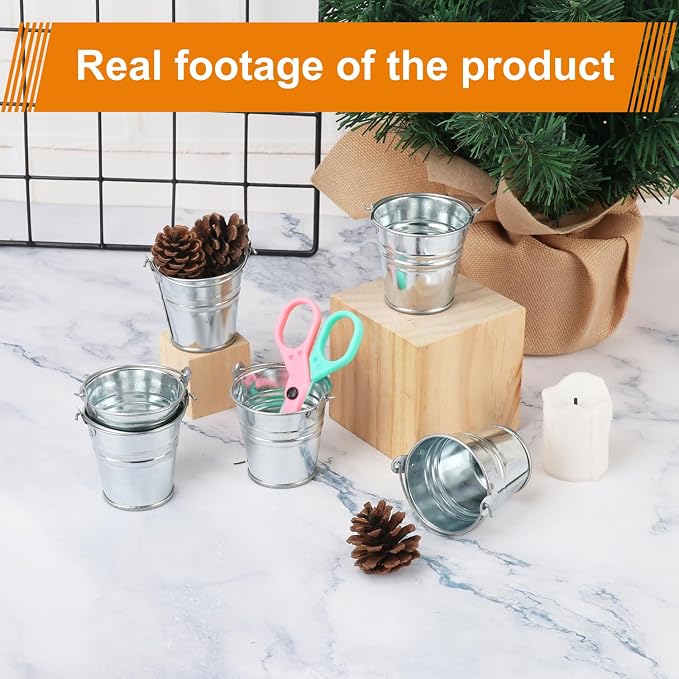 50 Pack 2.1 Inch Mini Metal Buckets with Handle, Galvanized Mini Tin Buckets, Small Iron Bucket, Mini Metal Pail for DIY Project, Holiday, Party, Home Decoration