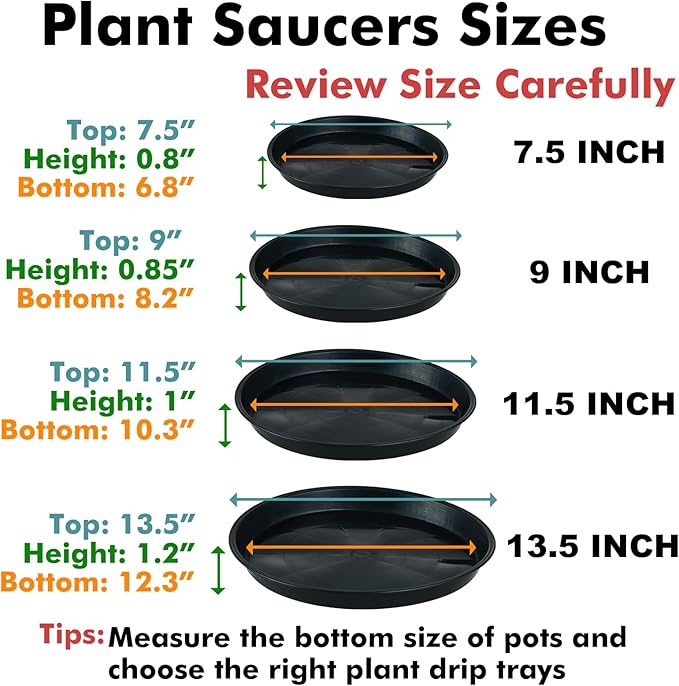 6 Pack 13.5 Inch Plant Saucers for Indoors Outdoors Plastic Plant Water Catcher Trays No Holes Round Flower Pot Drip Trays for Pots Base Heavy Duty Plant Pot Saucers Water Drainage Trays, Black