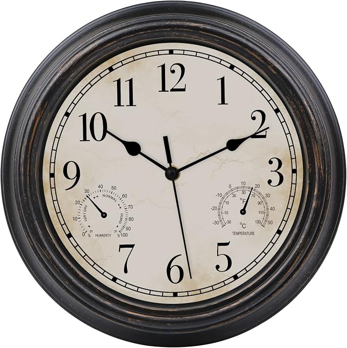 12 Inch Indoor Outdoor Retro Waterproof Wall Clock with Thermometer and Hygrometer, Battery Operated Quartz Round Wall Clock Silent Non Ticking Home Decor,Bronze