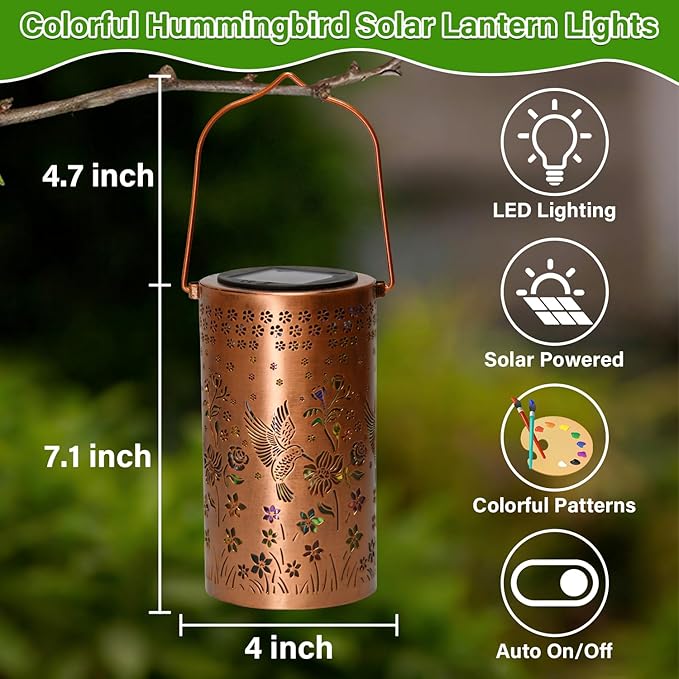 Colorful Solar Lanterns Outdoor Waterproof, Mmulticolored Hummingbird LED Solar Lights Garden Decor Gifts for Women Mom Grandma, Metal Hanging Lantern for Outside Table Tree Patio Pathway Lawn Decor