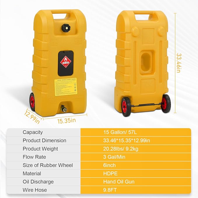 15 Gallon Gas Can, Fuel Tank Container with LE Fluid Transfer Manual Siphon Pump & 10FT Hose, Portable Diesel Gas Storage Caddy with Wheels for Car, ATV, Weeder, Boat, etc., Yellow