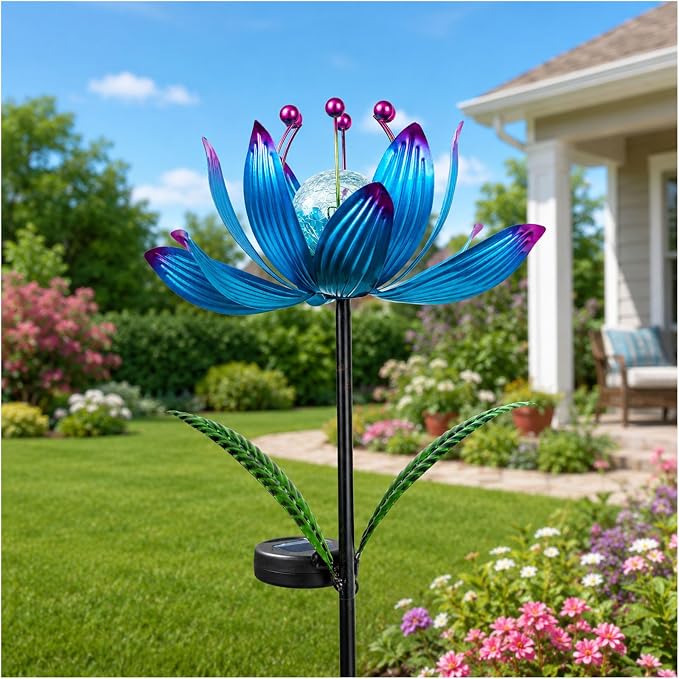 38 Inch Solar Wind Spinner Outdoor, Kinetic Lotus Yard Art with Glass Light | Glowing Crackle Glass Light And 360° Spinning Lotus Petals Create Vibrant Garden Decor For Patios, Lawns And Pathways