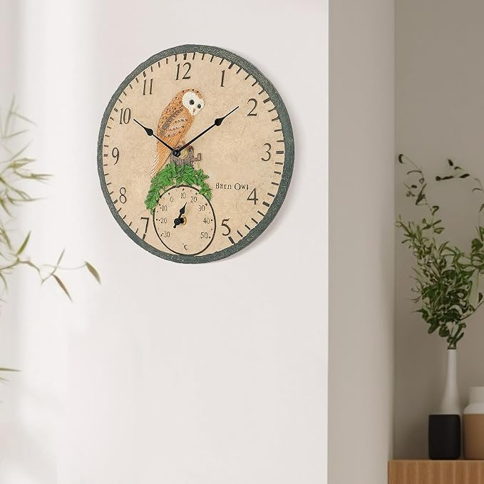 Outdoor Clock with Thermometer, Poly Resin Indoor and Outdoor Clock, Hanging Wall Clock, 12 Inch Retro Waterproof Wall Clocks for Patio, Pool, and Indoor Areas (Owl)