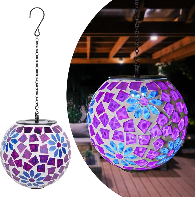 Mosaic Solar Lantern Outdoor Waterproof Glass Hanging Solar Lights, Purple | Solar Hanging Lantern IP44 Waterproof Mosaic Gazing Ball with White LED Lights, Metal Hanging Chain, Outdoor Pathway Decor
