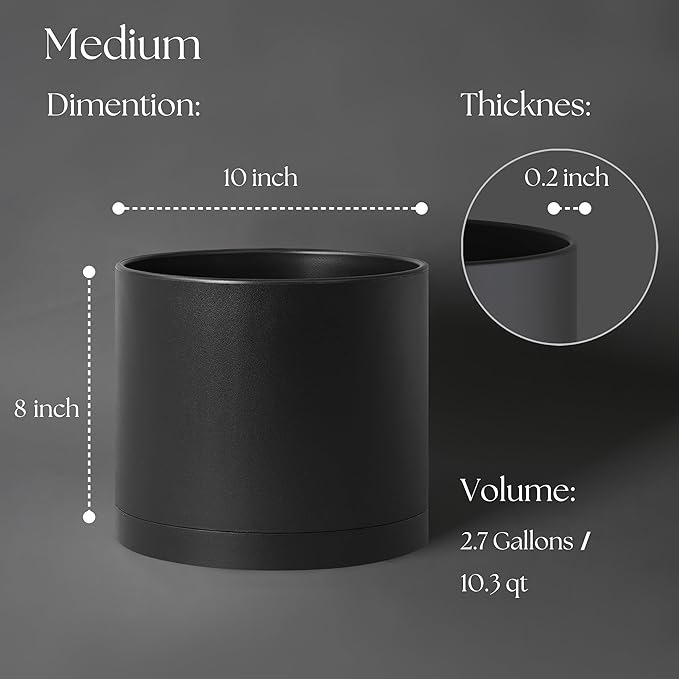 Giraffe Creation 10 Inch Cylinder Plant Pot, Modern Round Planter with Drainage Holes and Saucer, Lightweight Plastic Flower Pot for Indoor Outdoor Plants, Black
