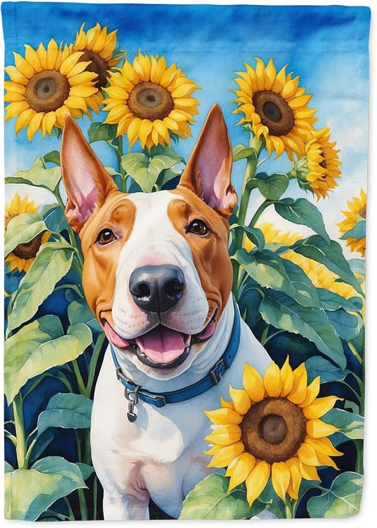 Caroline's Treasures DAC6070CHF English Bull Terrier in Sunflowers House Flag Large Porch Sleeve Pole Decorative Outside Yard Banner Artwork Wall Hanging, Polyester, House Size, Multicolor