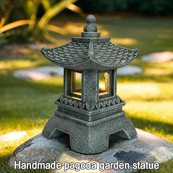 Solar Pagoda Decors Garden Statues, Zen Asian Outdoor Statues Accessories Japanese Pagoda Lamp Lantern for Garden Balcony Patio Porch Yard Art Ornament Decoration, 12 Inches
