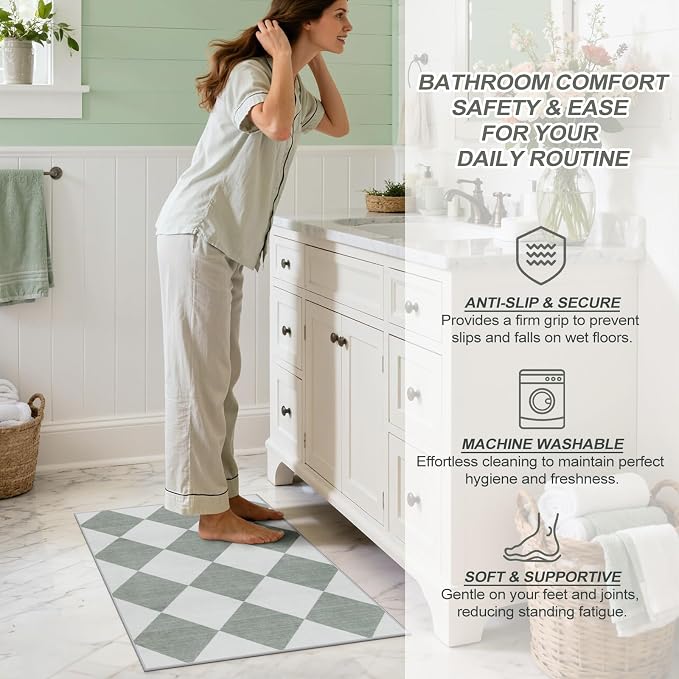 Beeiva Checkered Print Indoor Door Mats for Entryway, 2x3 Washable Bathroom Rug Non Slip Soft Small Rug for Bedroom Ultra Thin, Moroccan Trellis Carpet for Laundry Kicthen Decor (Green/White)