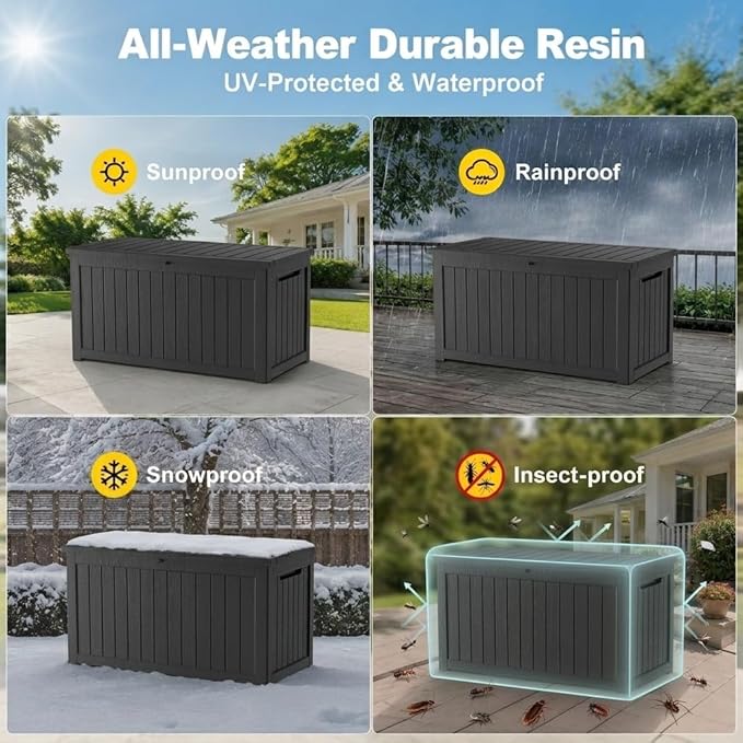 270 Gallon Outdoor Storage Box Resin Deck Box All Weather Waterproof Large Lockable Storage Container Deck Box for Patio Furniture, Garden Tools, Lockable, Black New