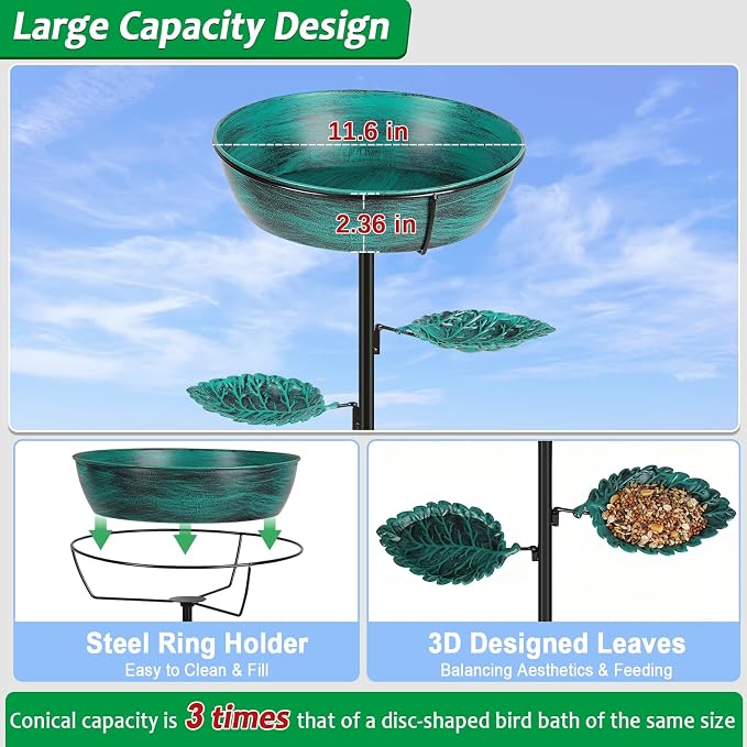 Metal Bird Bath for Outdoor - Garden Bird Bath with Removable Bowl Heavy-Duty Base, Winter Birdbath Feeder Rust-Proof Birdbaths for Garden Yard Lawn Decor, Easy to Install(Green)