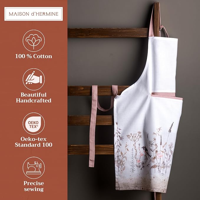 Maison d' Hermine Aprons for women with Pocket 100% Cotton (27.50"x31.50") | Adjustable Neck Strap & long ties Apron Men Chef Wedding Cooking Gardening Server Maid