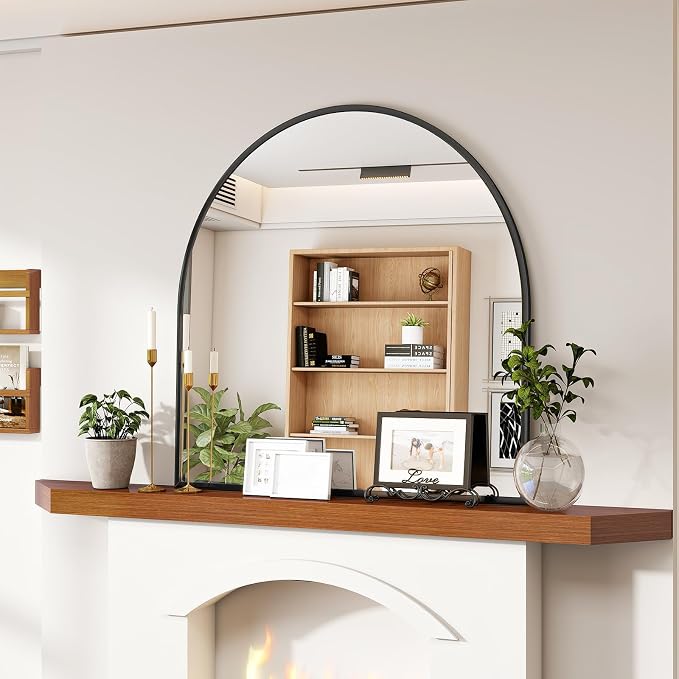 Arched Wall Mirror, 26 x 28 inch Arch Bathroom Mirror, Wall Mounted Vanity Mirror with Arch Metal Frame, Modern Bathroom Vanity Mirror for Bedroom, Living Room, Hanging or Leaning, Black